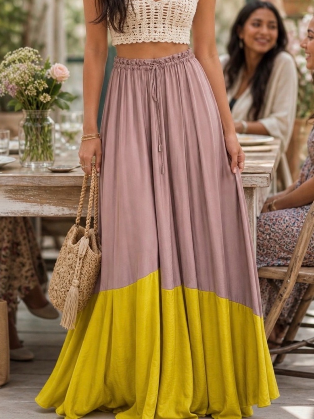 Free People Allure Color Block Maxi Skirt Beige Yellow Flowy Boho Size XS